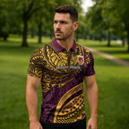 Personalised Brisbane Broncos Zipper Polo Shirt Polynesian Tribal Art Style With Hammerhead Mascot