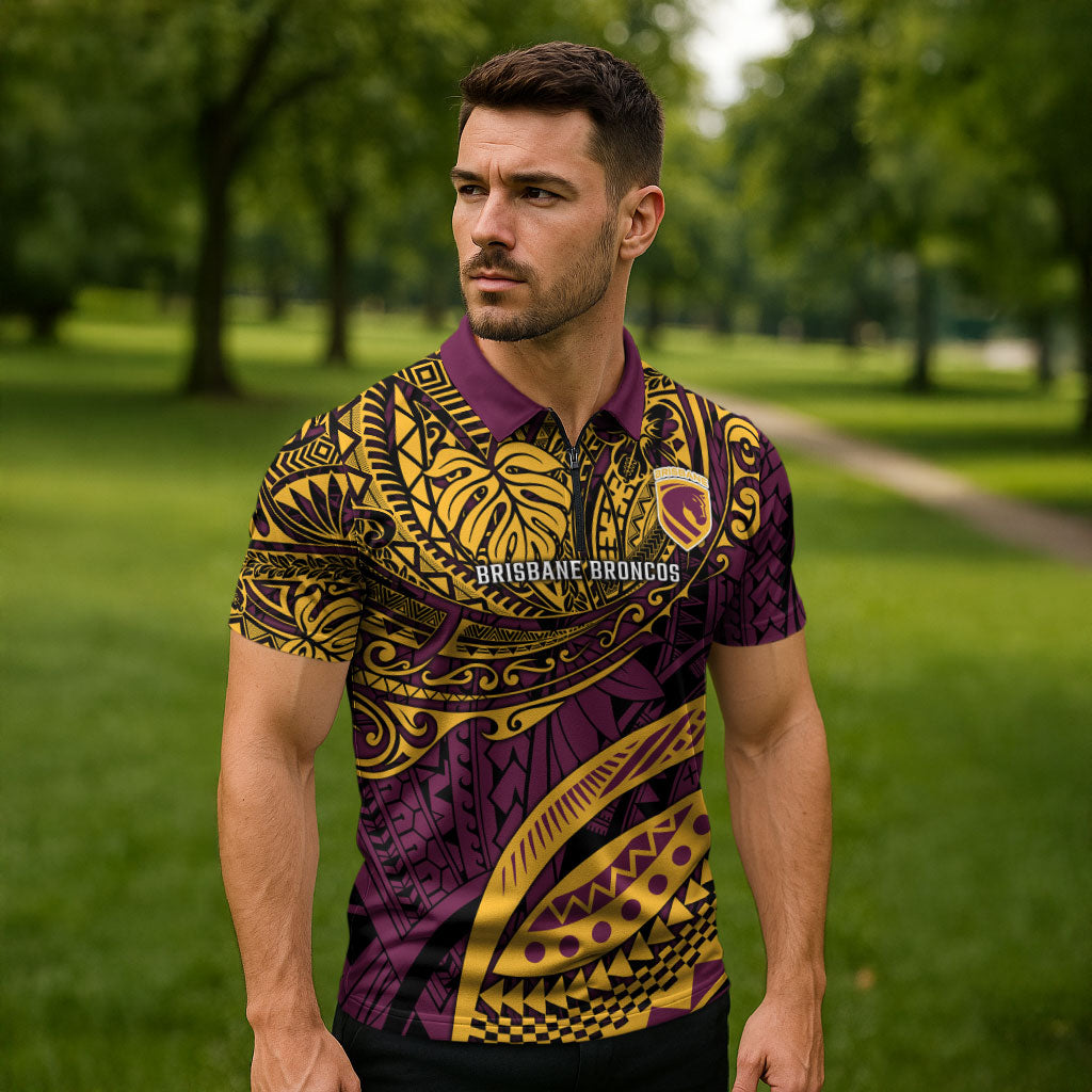 Personalised Brisbane Broncos Zipper Polo Shirt Polynesian Tribal Art Style With Hammerhead Mascot