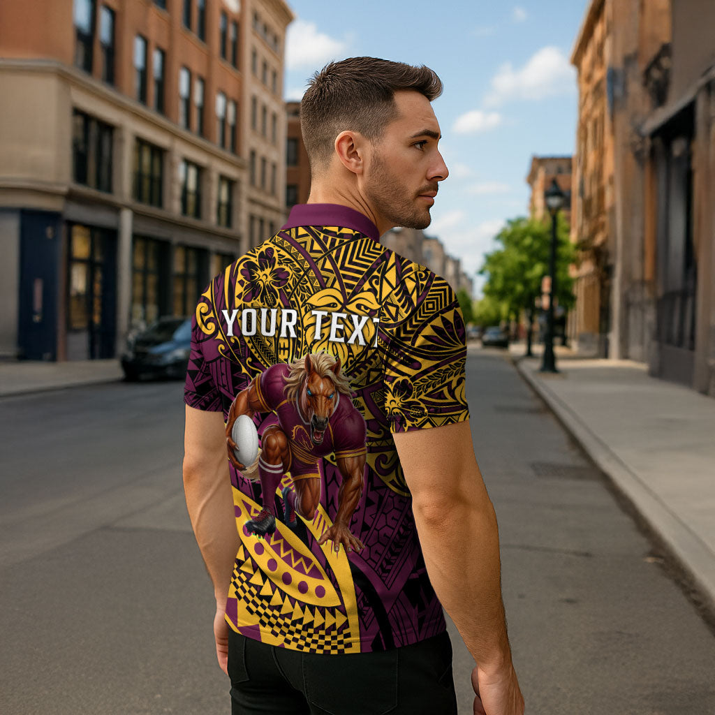 Personalised Brisbane Broncos Zipper Polo Shirt Polynesian Tribal Art Style With Hammerhead Mascot