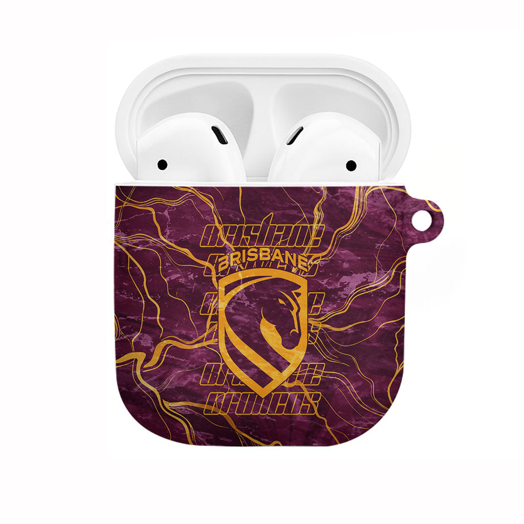 Brisbane Broncos AirPods Case Gold Marble Pattern With Vibrant Topography Lines