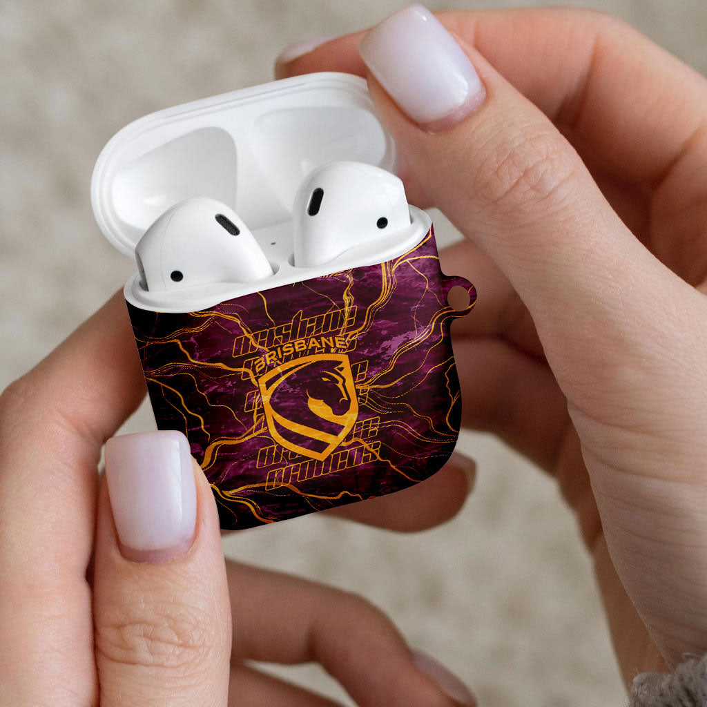 Brisbane Broncos AirPods Case Gold Marble Pattern With Vibrant Topography Lines