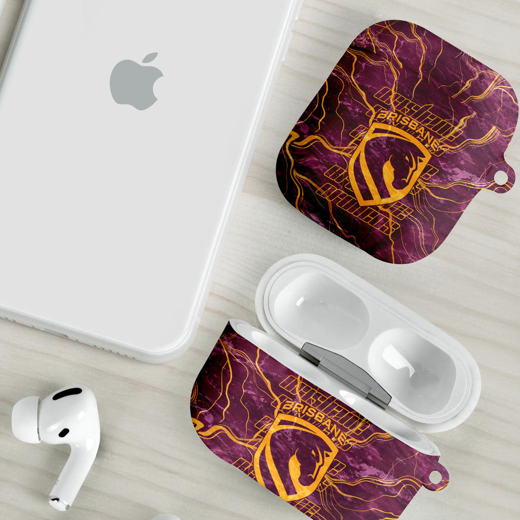 Brisbane Broncos AirPods Case Gold Marble Pattern With Vibrant Topography Lines