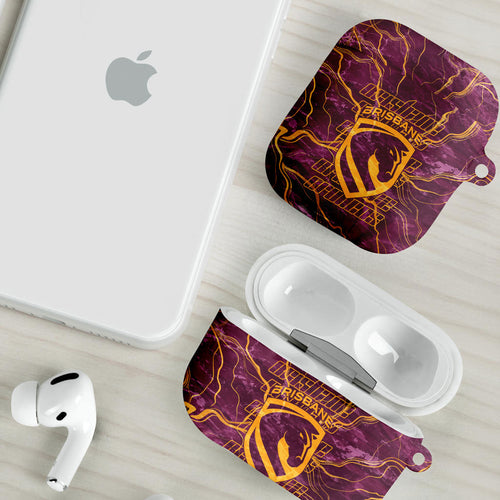 Brisbane Broncos AirPods Case Gold Marble Pattern With Vibrant Topography Lines