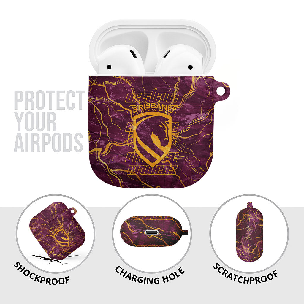 Brisbane Broncos AirPods Case Gold Marble Pattern With Vibrant Topography Lines