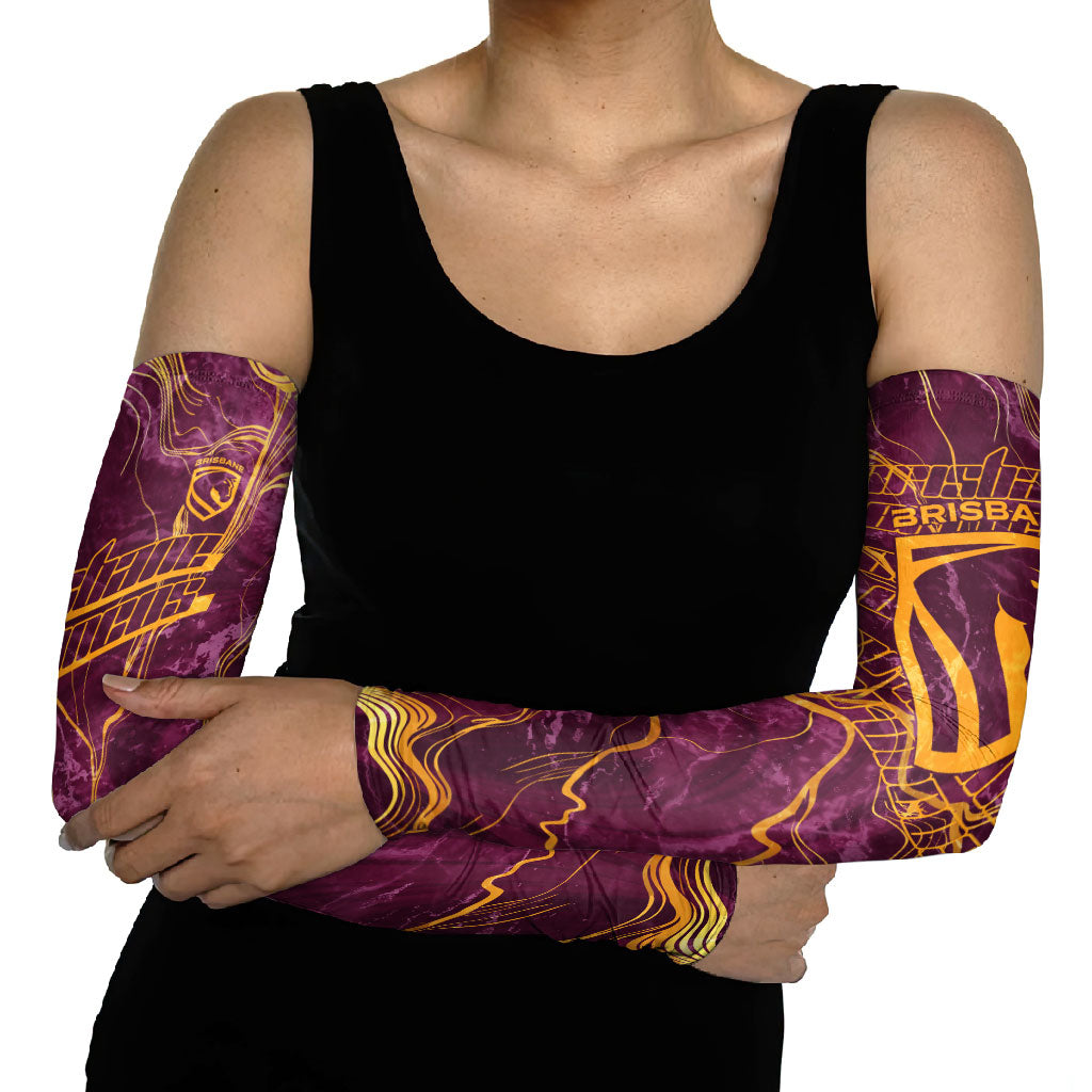 Brisbane Broncos Arm Sleeves Gold Marble Pattern With Vibrant Topography Lines