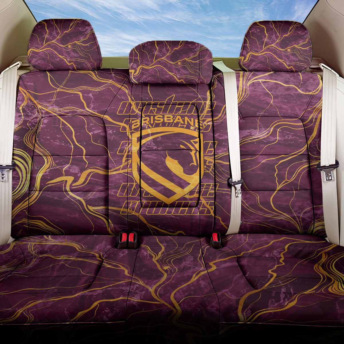 Brisbane Broncos Back Car Seat Cover Gold Marble Pattern With Vibrant Topography Lines
