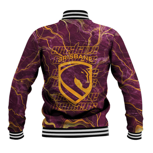 Brisbane Broncos Baseball Jacket Gold Marble Pattern With Vibrant Topography Lines