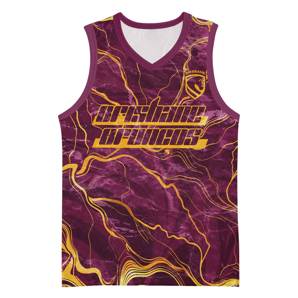 Brisbane Broncos Basketball Jersey Gold Marble Pattern With Vibrant Topography Lines
