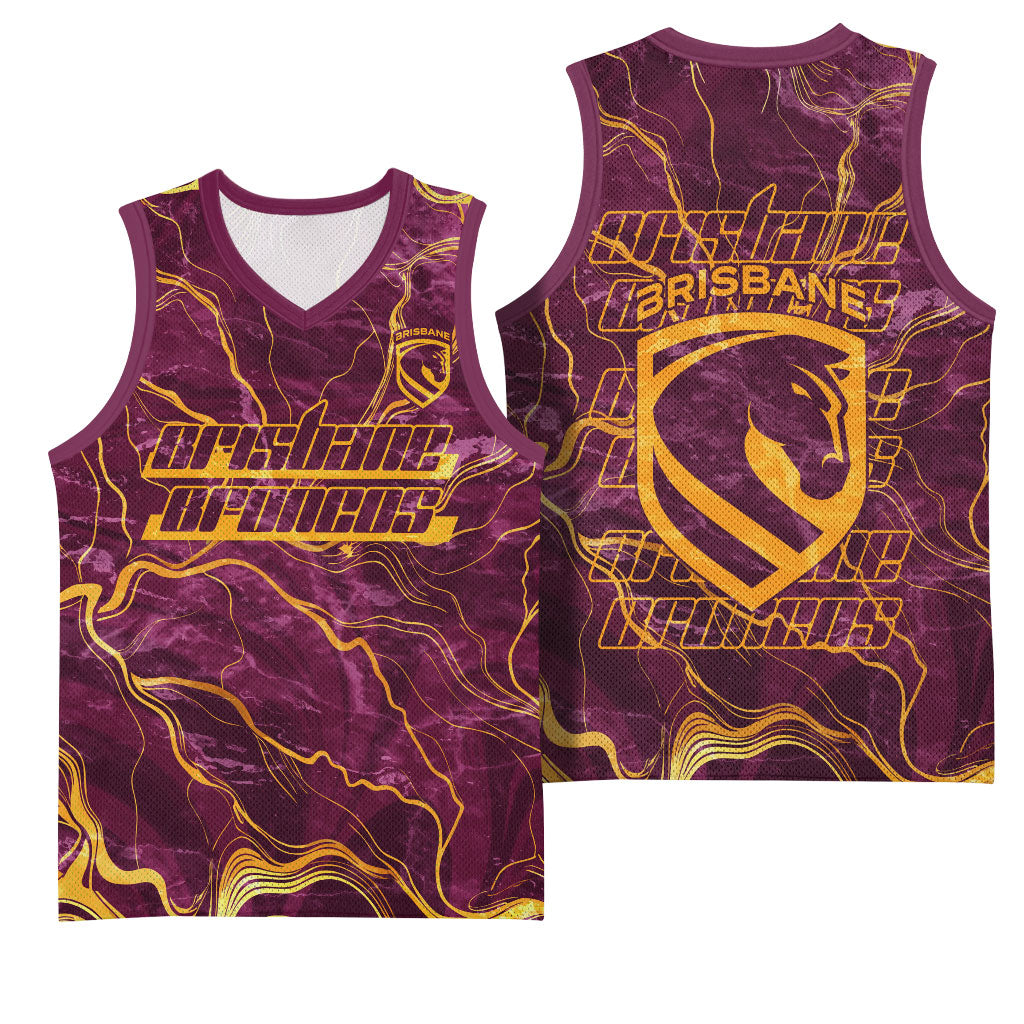 Brisbane Broncos Basketball Jersey Gold Marble Pattern With Vibrant Topography Lines