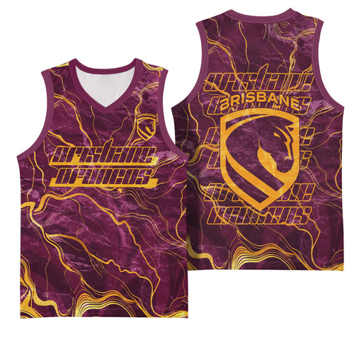 Brisbane Broncos Basketball Jersey Gold Marble Pattern With Vibrant Topography Lines