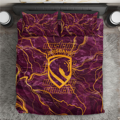 Brisbane Broncos Bedding Set Gold Marble Pattern With Vibrant Topography Lines