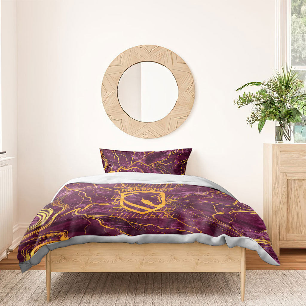 Brisbane Broncos Bedding Set Gold Marble Pattern With Vibrant Topography Lines