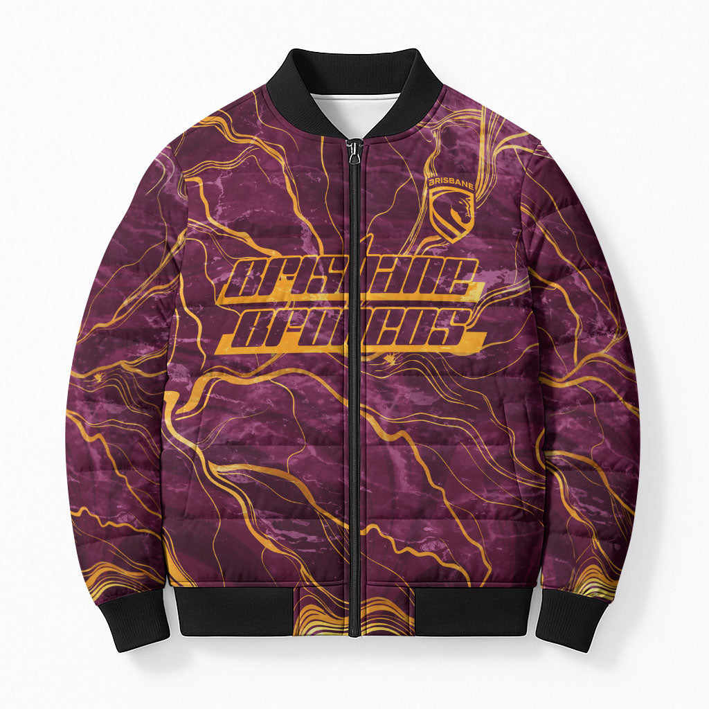 Brisbane Broncos Bomber Puffer Jacket Gold Marble Pattern With Vibrant Topography Lines
