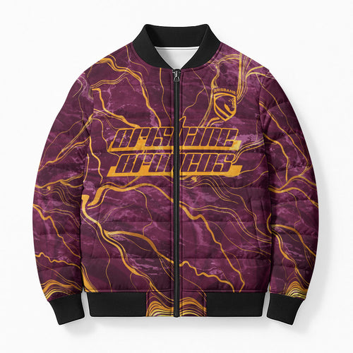 Brisbane Broncos Bomber Puffer Jacket Gold Marble Pattern With Vibrant Topography Lines