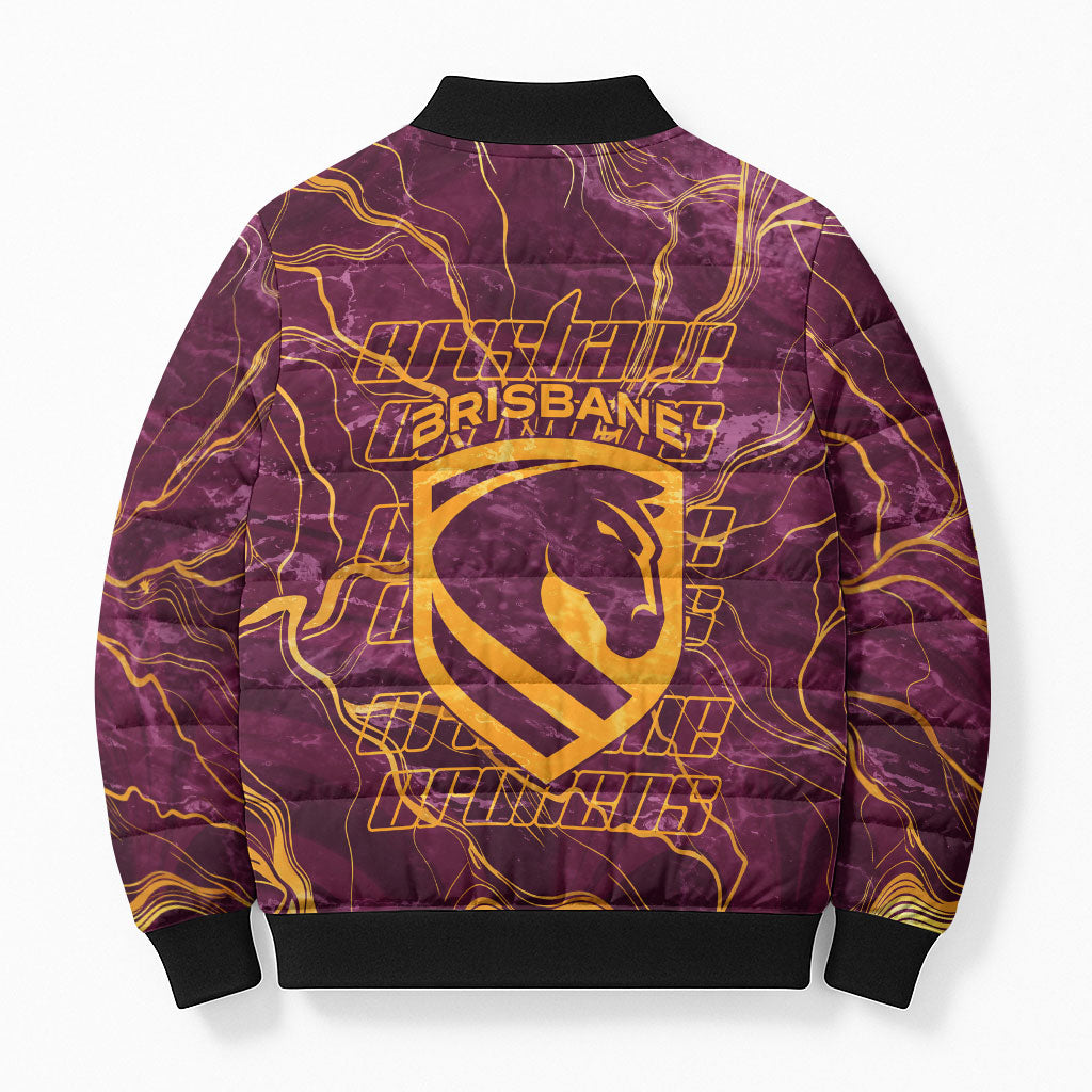 Brisbane Broncos Bomber Puffer Jacket Gold Marble Pattern With Vibrant Topography Lines