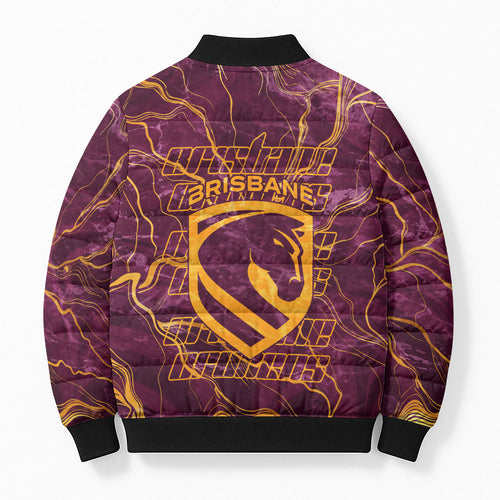 Brisbane Broncos Bomber Puffer Jacket Gold Marble Pattern With Vibrant Topography Lines