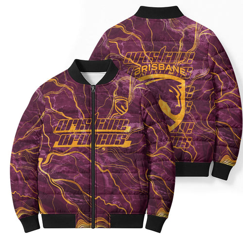 Brisbane Broncos Bomber Puffer Jacket Gold Marble Pattern With Vibrant Topography Lines