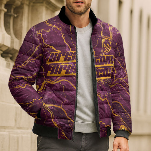 Brisbane Broncos Bomber Puffer Jacket Gold Marble Pattern With Vibrant Topography Lines