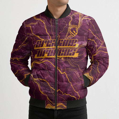 Brisbane Broncos Bomber Puffer Jacket Gold Marble Pattern With Vibrant Topography Lines