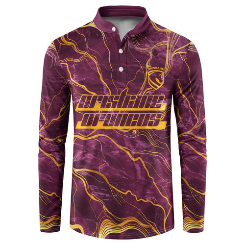Brisbane Broncos Button Sweatshirt Gold Marble Pattern With Vibrant Topography Lines