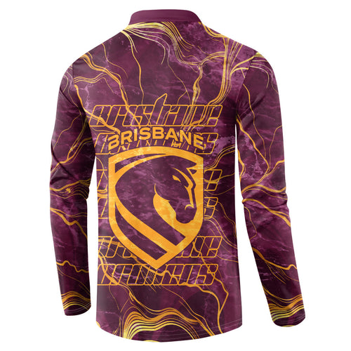 Brisbane Broncos Button Sweatshirt Gold Marble Pattern With Vibrant Topography Lines
