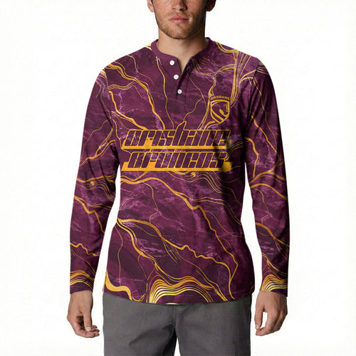 Brisbane Broncos Button Sweatshirt Gold Marble Pattern With Vibrant Topography Lines