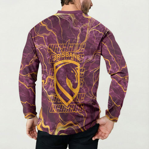 Brisbane Broncos Button Sweatshirt Gold Marble Pattern With Vibrant Topography Lines