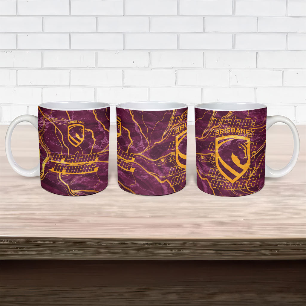 Brisbane Broncos Ceramic Mug Gold Marble Pattern With Vibrant Topography Lines