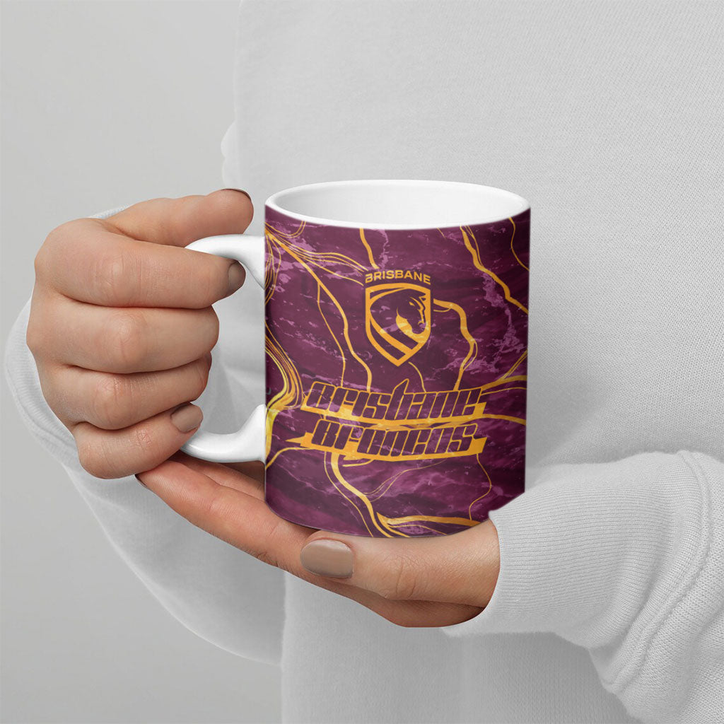 Brisbane Broncos Ceramic Mug Gold Marble Pattern With Vibrant Topography Lines