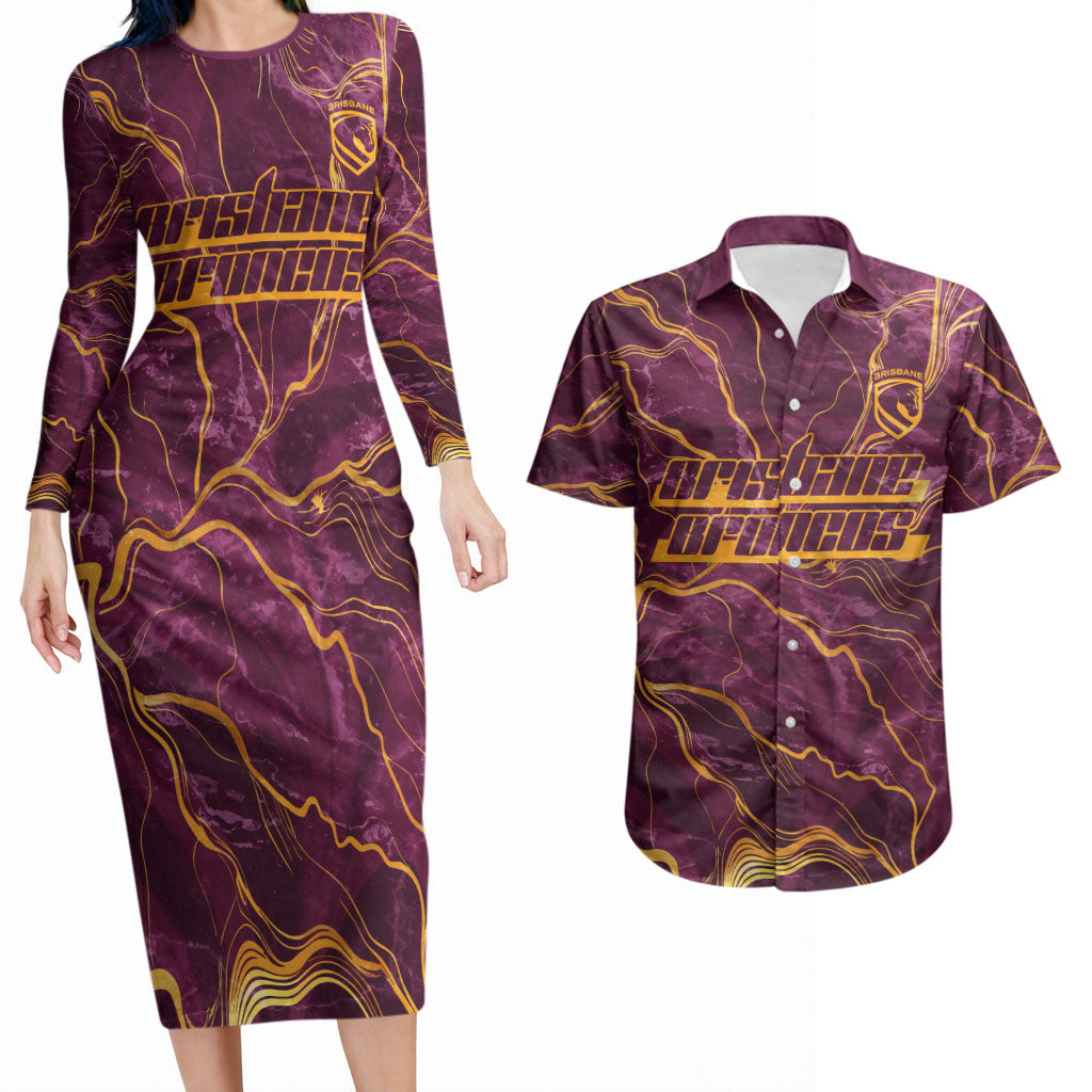 Brisbane Broncos Couples Matching Long Sleeve Bodycon Dress and Hawaiian Shirt Gold Marble Pattern With Vibrant Topography Lines