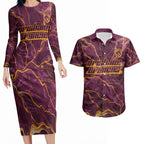 Brisbane Broncos Couples Matching Long Sleeve Bodycon Dress and Hawaiian Shirt Gold Marble Pattern With Vibrant Topography Lines