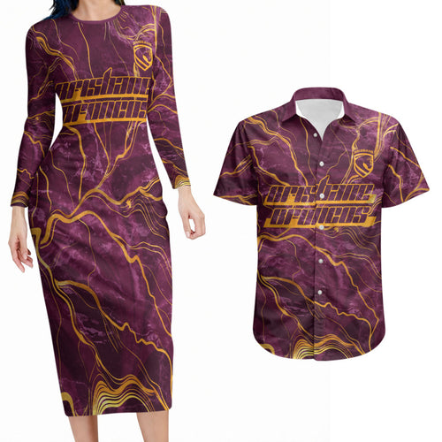 Brisbane Broncos Couples Matching Long Sleeve Bodycon Dress and Hawaiian Shirt Gold Marble Pattern With Vibrant Topography Lines