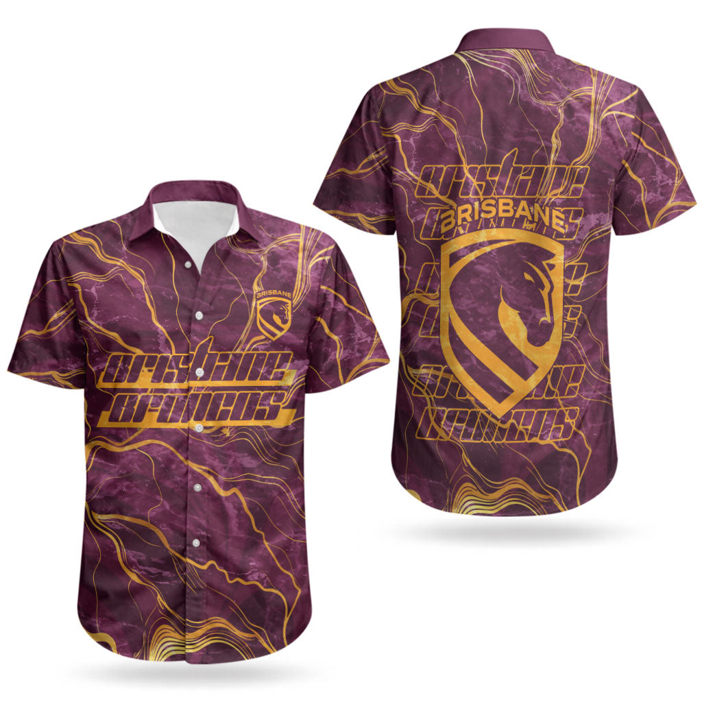 Brisbane Broncos Couples Matching Long Sleeve Bodycon Dress and Hawaiian Shirt Gold Marble Pattern With Vibrant Topography Lines