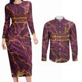 Brisbane Broncos Couples Matching Long Sleeve Bodycon Dress and Long Sleeve Button Shirt Gold Marble Pattern With Vibrant Topography Lines