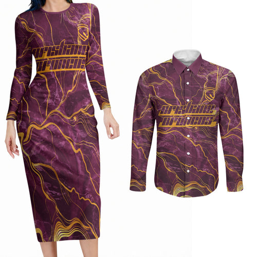 Brisbane Broncos Couples Matching Long Sleeve Bodycon Dress and Long Sleeve Button Shirt Gold Marble Pattern With Vibrant Topography Lines