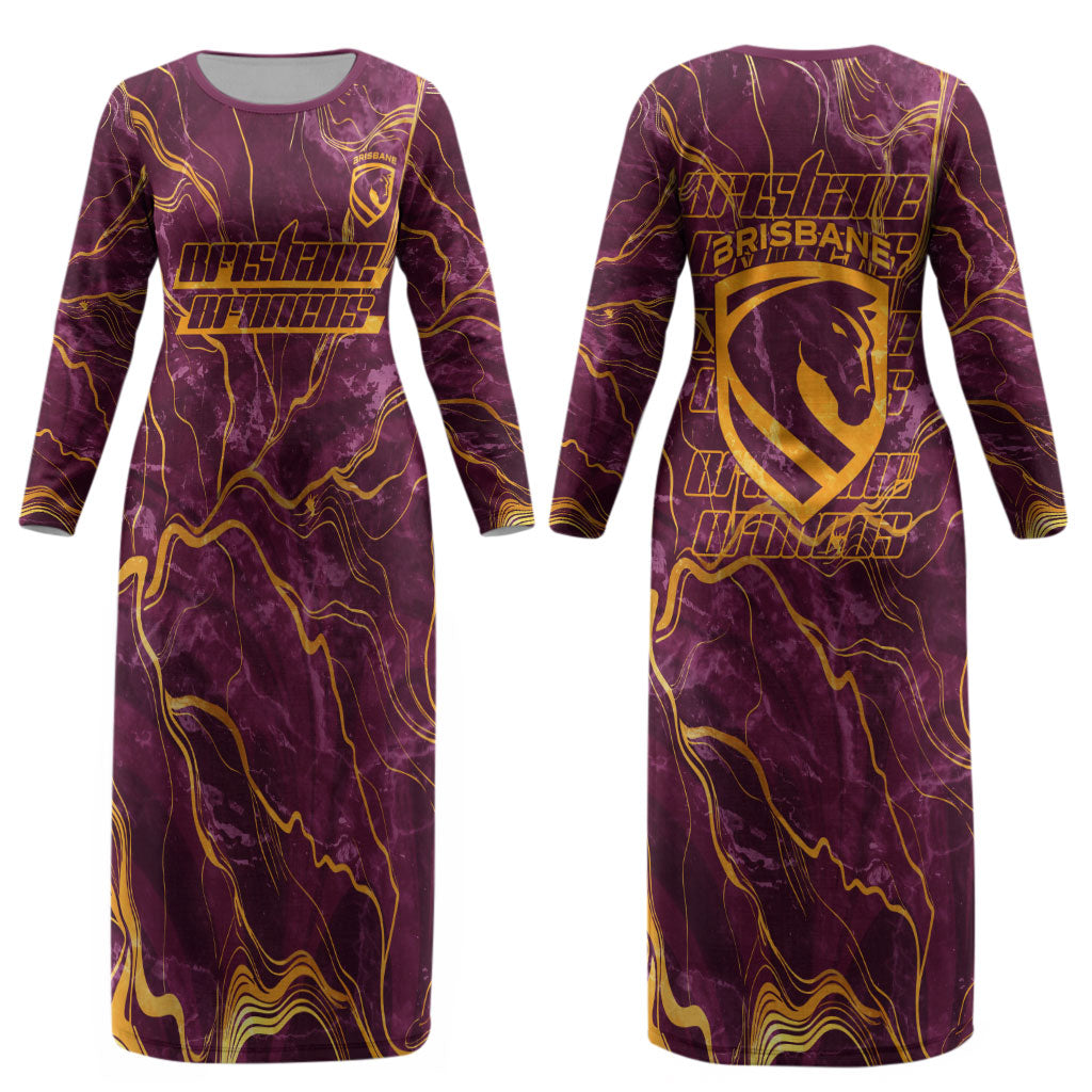Brisbane Broncos Couples Matching Long Sleeve Bodycon Dress and Long Sleeve Button Shirt Gold Marble Pattern With Vibrant Topography Lines