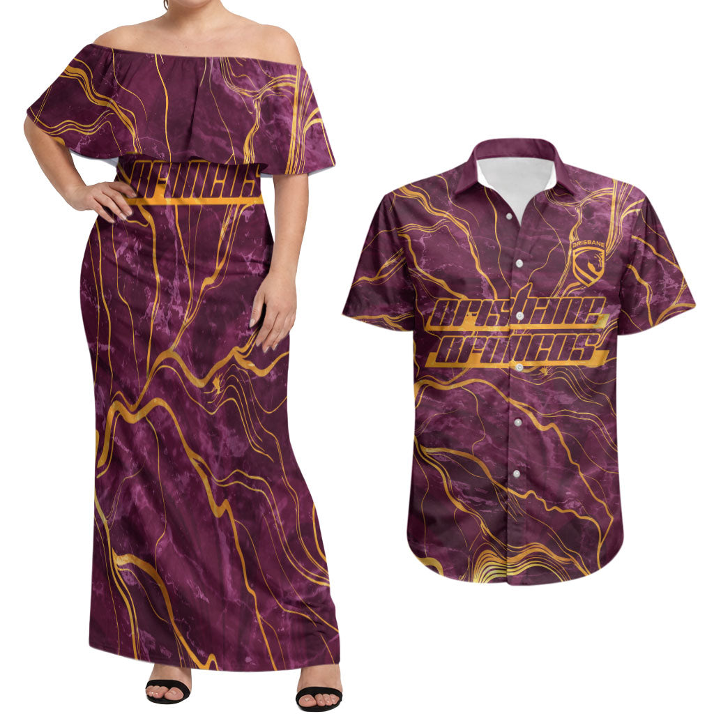 Brisbane Broncos Couples Matching Off Shoulder Maxi Dress and Hawaiian Shirt Gold Marble Pattern With Vibrant Topography Lines