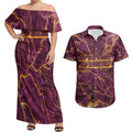Brisbane Broncos Couples Matching Off Shoulder Maxi Dress and Hawaiian Shirt Gold Marble Pattern With Vibrant Topography Lines
