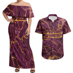 Brisbane Broncos Couples Matching Off Shoulder Maxi Dress and Hawaiian Shirt Gold Marble Pattern With Vibrant Topography Lines