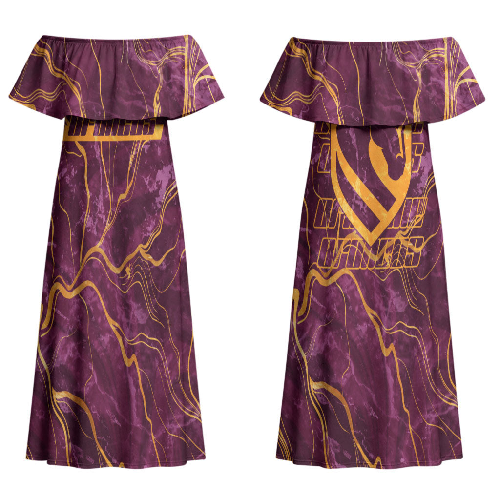 Brisbane Broncos Couples Matching Off Shoulder Maxi Dress and Hawaiian Shirt Gold Marble Pattern With Vibrant Topography Lines