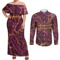 Brisbane Broncos Couples Matching Off Shoulder Maxi Dress and Long Sleeve Button Shirt Gold Marble Pattern With Vibrant Topography Lines