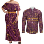 Brisbane Broncos Couples Matching Off Shoulder Maxi Dress and Long Sleeve Button Shirt Gold Marble Pattern With Vibrant Topography Lines