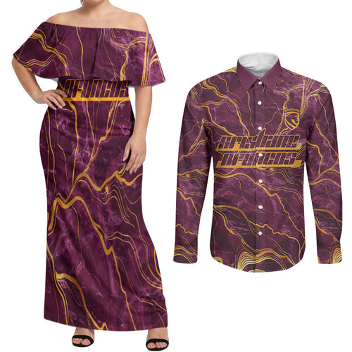 Brisbane Broncos Couples Matching Off Shoulder Maxi Dress and Long Sleeve Button Shirt Gold Marble Pattern With Vibrant Topography Lines
