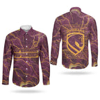 Brisbane Broncos Couples Matching Off Shoulder Maxi Dress and Long Sleeve Button Shirt Gold Marble Pattern With Vibrant Topography Lines