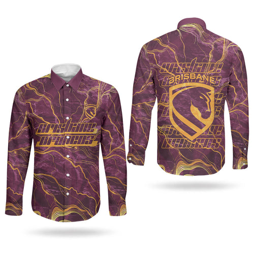 Brisbane Broncos Couples Matching Off Shoulder Maxi Dress and Long Sleeve Button Shirt Gold Marble Pattern With Vibrant Topography Lines