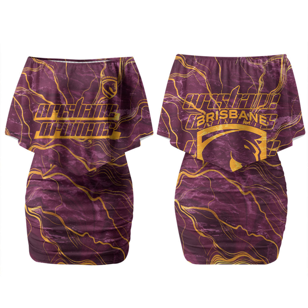 Brisbane Broncos Couples Matching Off Shoulder Short Dress and Hawaiian Shirt Gold Marble Pattern With Vibrant Topography Lines