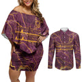 Brisbane Broncos Couples Matching Off Shoulder Short Dress and Long Sleeve Button Shirt Gold Marble Pattern With Vibrant Topography Lines