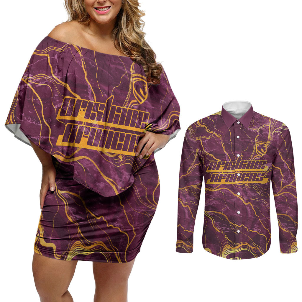 Brisbane Broncos Couples Matching Off Shoulder Short Dress and Long Sleeve Button Shirt Gold Marble Pattern With Vibrant Topography Lines