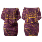 Brisbane Broncos Couples Matching Off Shoulder Short Dress and Long Sleeve Button Shirt Gold Marble Pattern With Vibrant Topography Lines