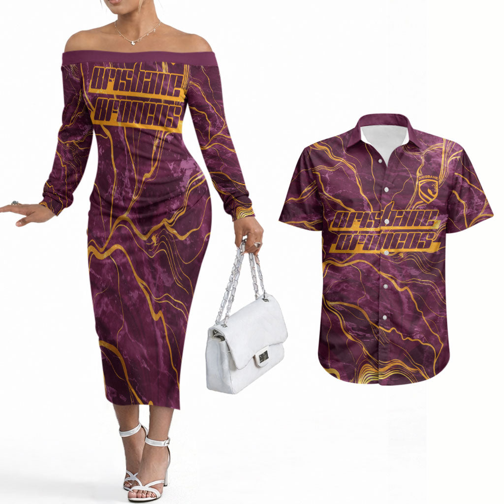 Brisbane Broncos Couples Matching Off The Shoulder Long Sleeve Dress and Hawaiian Shirt Gold Marble Pattern With Vibrant Topography Lines